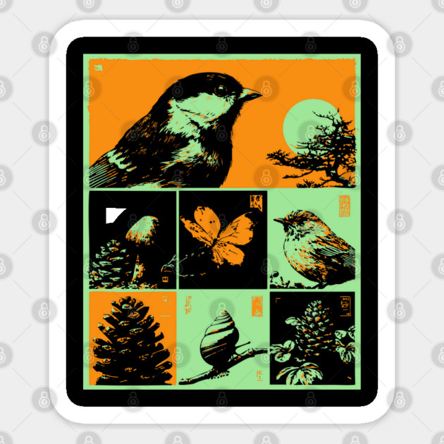 Japanese Nature Study - Ukiyo-e Bird and Frog Art Sticker by TuncGK