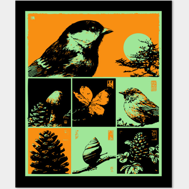 Japanese Nature Study - Ukiyo-e Bird and Frog Art Wall Art by TuncGK