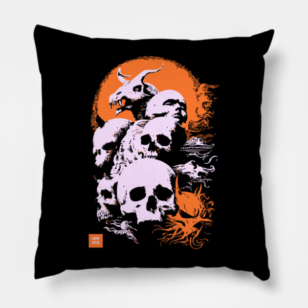Pile of Skulls - Retro Dark Fantasy & Gothic Art Pillow by TuncGK