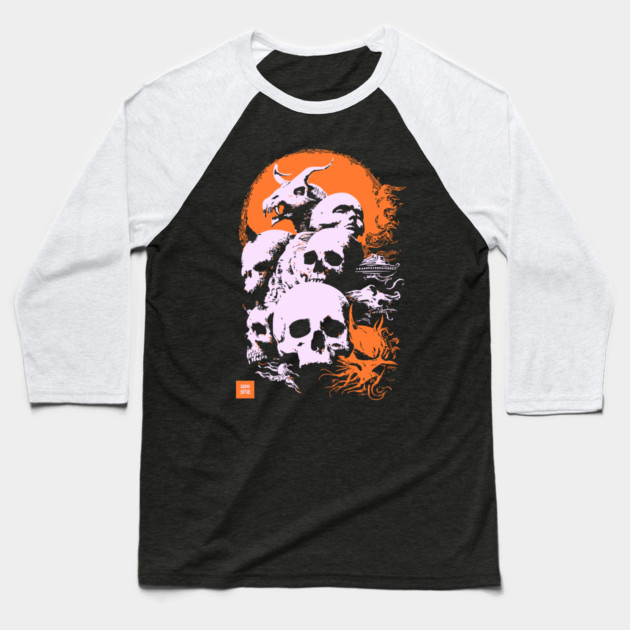 Pile of Skulls - Retro Dark Fantasy & Gothic Art Baseball T-Shirt by TuncGK