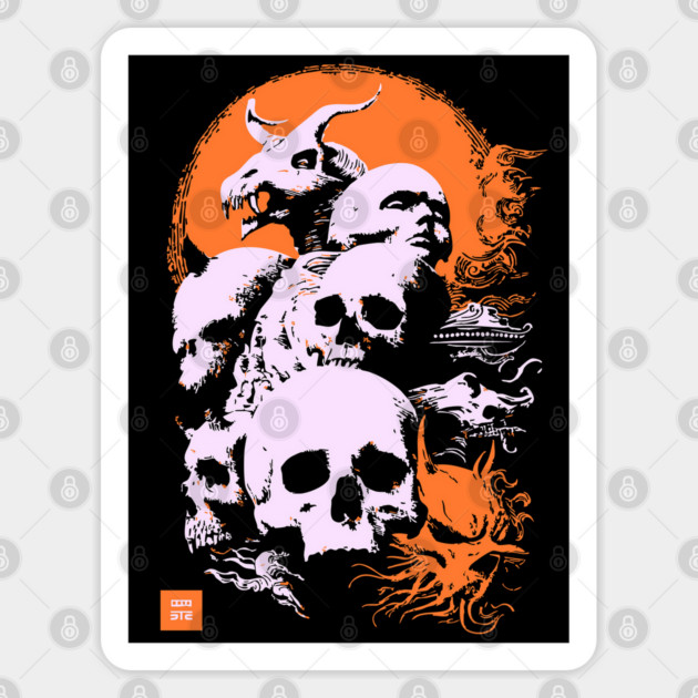Pile of Skulls - Retro Dark Fantasy & Gothic Art Sticker by TuncGK