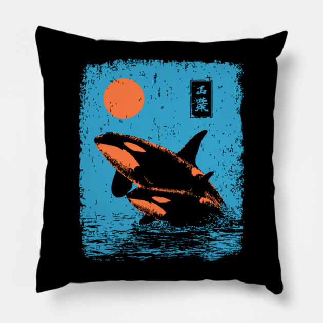 Ukiyo-e Orca - Retro Japanese Killer Whale Pillow by TuncGK