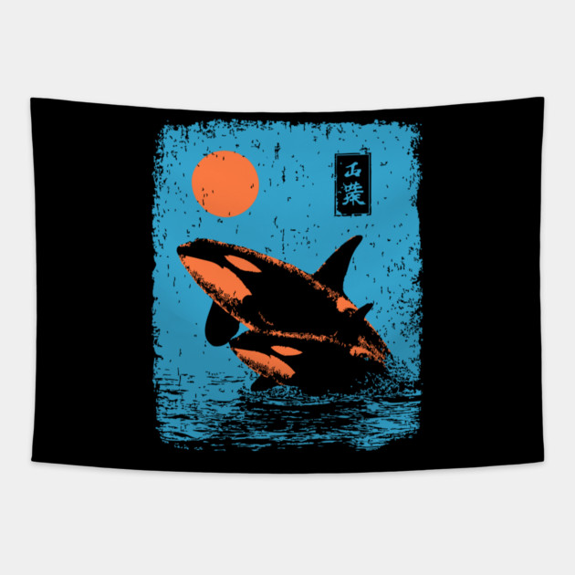 Ukiyo-e Orca - Retro Japanese Killer Whale Tapestry by TuncGK