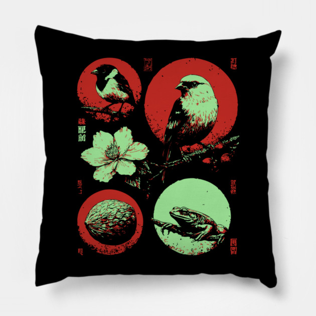 Woodland Birds - Ukiyo-e Japanese Nature Collage Pillow by TuncGK