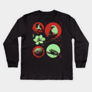 Woodland Birds - Ukiyo-e Japanese Nature Collage Kids Long Sleeve T-Shirt