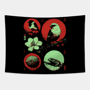 Woodland Birds - Ukiyo-e Japanese Nature Collage Tapestry