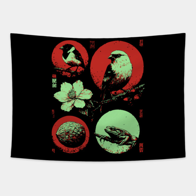 Woodland Birds - Ukiyo-e Japanese Nature Collage Tapestry by TuncGK