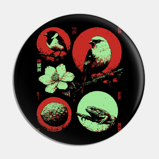 Woodland Birds - Ukiyo-e Japanese Nature Collage Pin by TuncGK