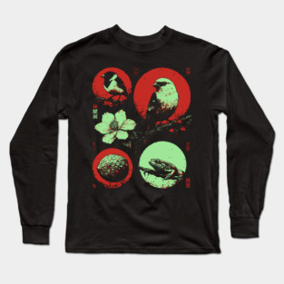Woodland Birds - Ukiyo-e Japanese Nature Collage Long Sleeve T-Shirt