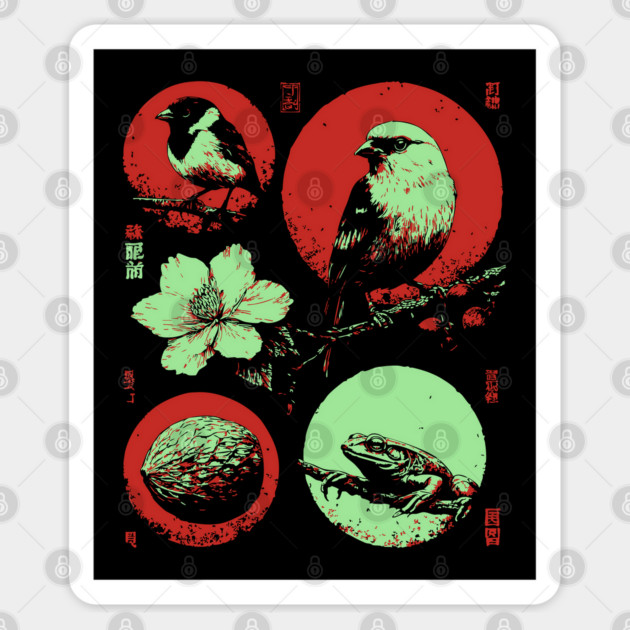 Woodland Birds - Ukiyo-e Japanese Nature Collage Sticker by TuncGK