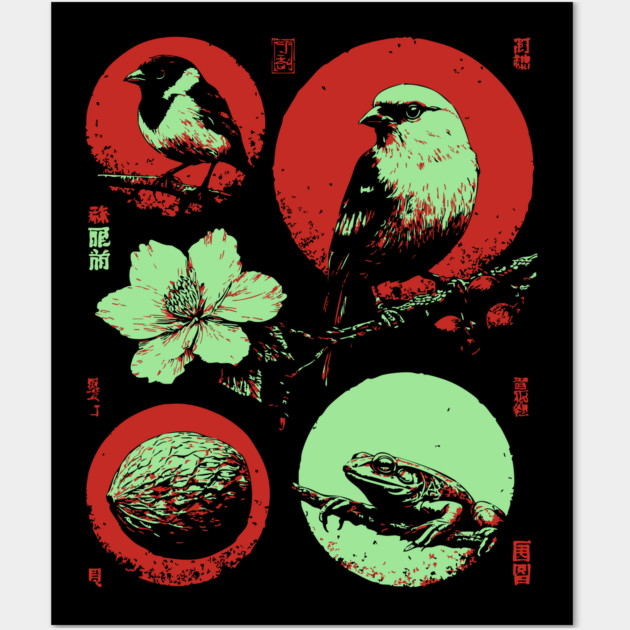 Woodland Birds - Ukiyo-e Japanese Nature Collage Wall Art by TuncGK