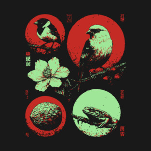 Woodland Birds - Ukiyo-e Japanese Nature Collage T-Shirt
