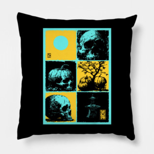 Retro Synthwave Halloween - Ukiyo-e Skull and Pumpkin Pillow