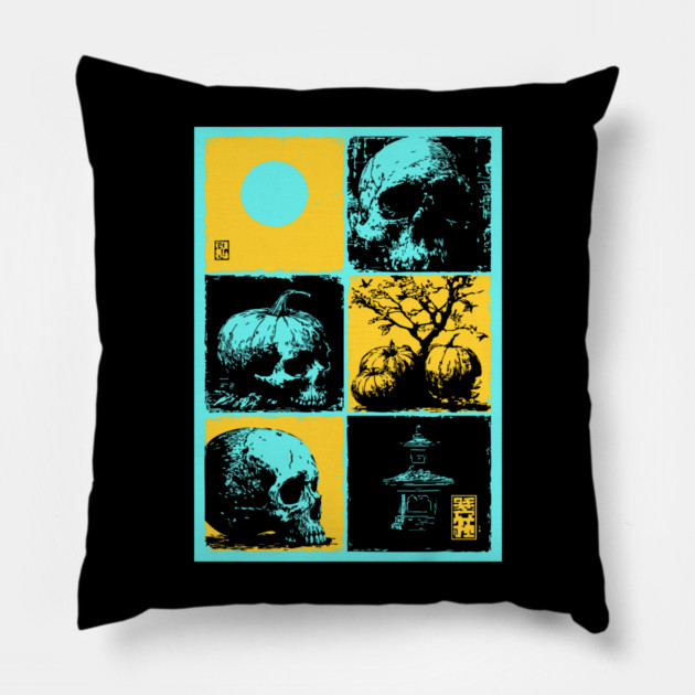 Retro Synthwave Halloween - Ukiyo-e Skull and Pumpkin Pillow by TuncGK