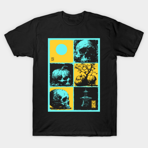 Retro Synthwave Halloween - Ukiyo-e Skull and Pumpkin T-Shirt by TuncGK