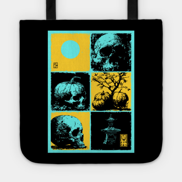 Retro Synthwave Halloween - Ukiyo-e Skull and Pumpkin Tote by TuncGK