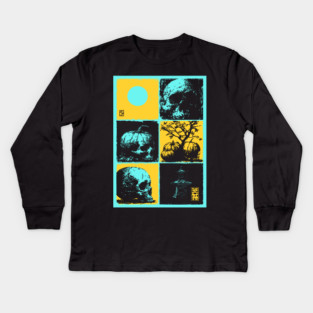 Retro Synthwave Halloween - Ukiyo-e Skull and Pumpkin Kids Long Sleeve T-Shirt