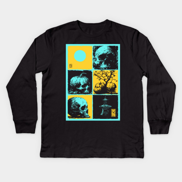 Retro Synthwave Halloween - Ukiyo-e Skull and Pumpkin Kids Long Sleeve T-Shirt by TuncGK