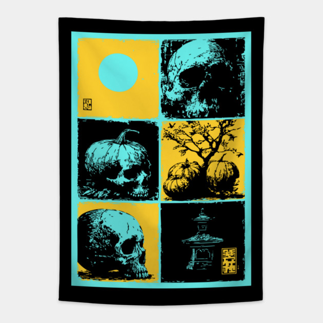 Retro Synthwave Halloween - Ukiyo-e Skull and Pumpkin Tapestry by TuncGK