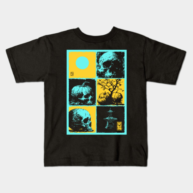 Retro Synthwave Halloween - Ukiyo-e Skull and Pumpkin Kids T-Shirt by TuncGK