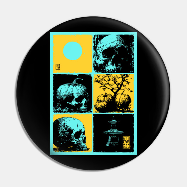 Retro Synthwave Halloween - Ukiyo-e Skull and Pumpkin Pin by TuncGK