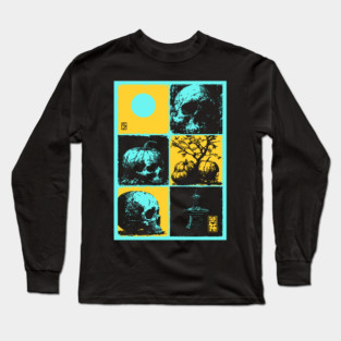 Retro Synthwave Halloween - Ukiyo-e Skull and Pumpkin Long Sleeve T-Shirt