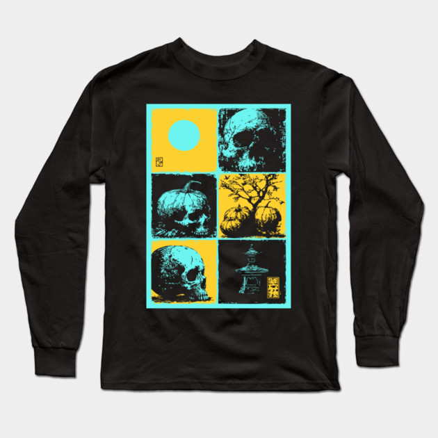 Retro Synthwave Halloween - Ukiyo-e Skull and Pumpkin Long Sleeve T-Shirt by TuncGK