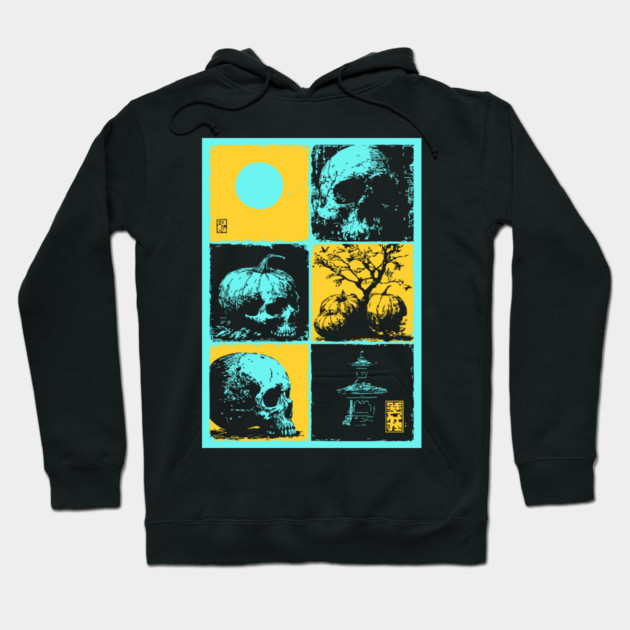 Retro Synthwave Halloween - Ukiyo-e Skull and Pumpkin Hoodie by TuncGK