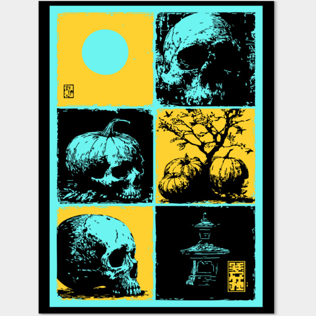 Retro Synthwave Halloween - Ukiyo-e Skull and Pumpkin Wall Art by TuncGK