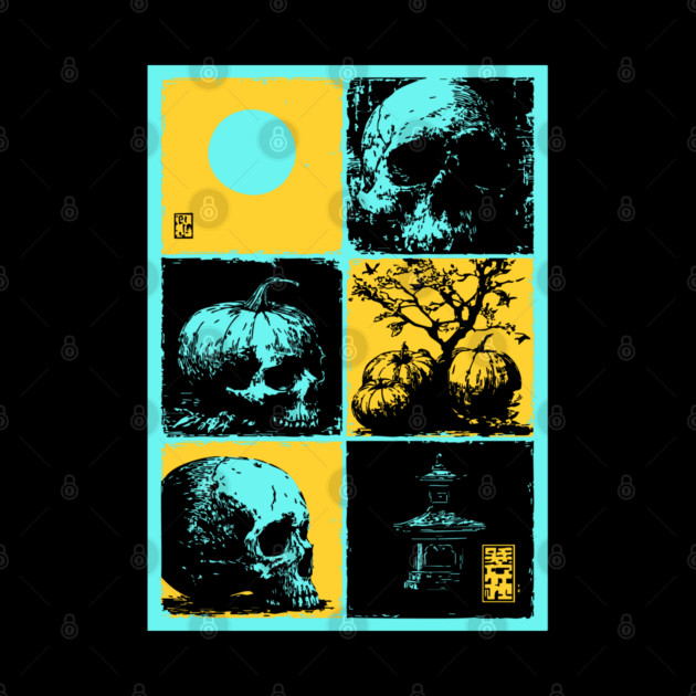 Retro Synthwave Halloween - Ukiyo-e Skull and Pumpkin by TuncGK