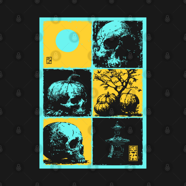 Retro Synthwave Halloween - Ukiyo-e Skull and Pumpkin by TuncGK
