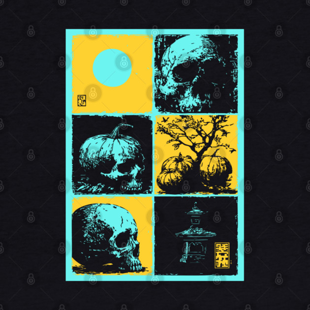 Retro Synthwave Halloween - Ukiyo-e Skull and Pumpkin by TuncGK