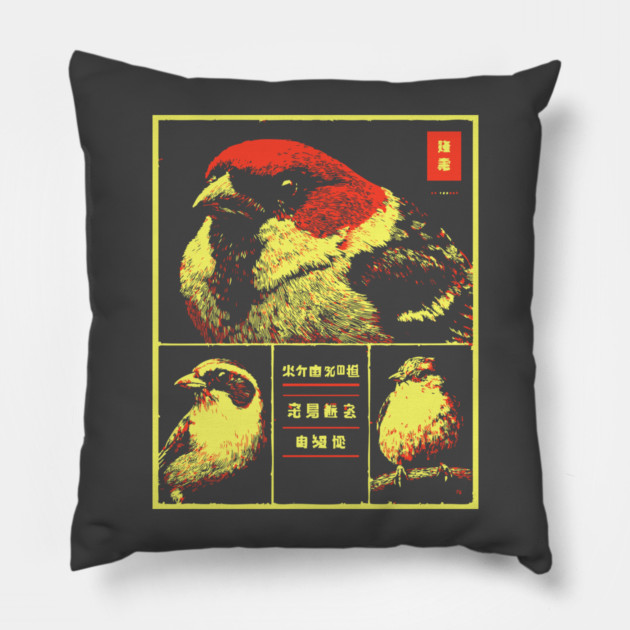 Japanese Sparrow Portraits - Ukiyo-e Bird Watching Art Pillow by TuncGK