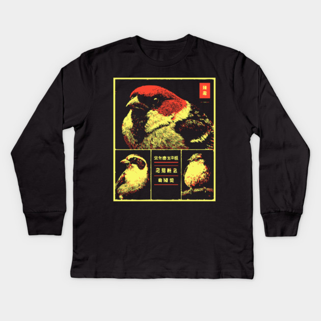 Japanese Sparrow Portraits - Ukiyo-e Bird Watching Art Kids Long Sleeve T-Shirt by TuncGK