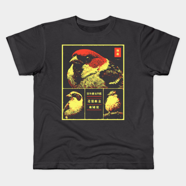 Japanese Sparrow Portraits - Ukiyo-e Bird Watching Art Kids T-Shirt by TuncGK
