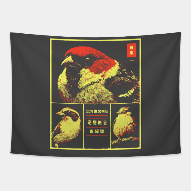 Japanese Sparrow Portraits - Ukiyo-e Bird Watching Art Tapestry by TuncGK