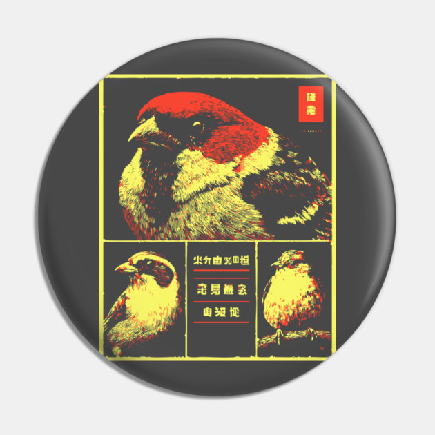 Japanese Sparrow Portraits - Ukiyo-e Bird Watching Art Pin by TuncGK
