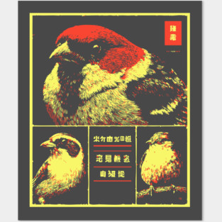 Japanese Sparrow Portraits - Ukiyo-e Bird Watching Art Posters and Art