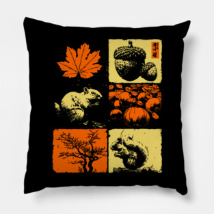 Autumn Squirrel - Retro Ukiyo-e Fall Aesthetic Pillow