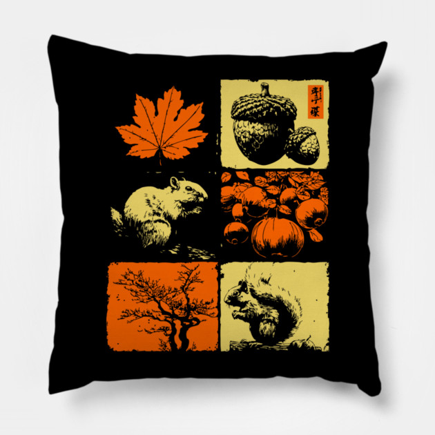 Autumn Squirrel - Retro Ukiyo-e Fall Aesthetic Pillow by TuncGK