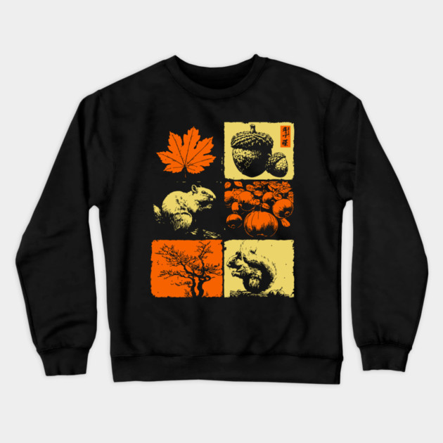 Autumn Squirrel - Retro Ukiyo-e Fall Aesthetic Crewneck Sweatshirt by TuncGK