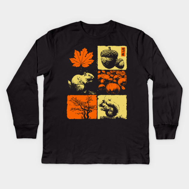 Autumn Squirrel - Retro Ukiyo-e Fall Aesthetic Kids Long Sleeve T-Shirt by TuncGK