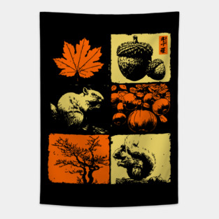 Autumn Squirrel - Retro Ukiyo-e Fall Aesthetic Tapestry