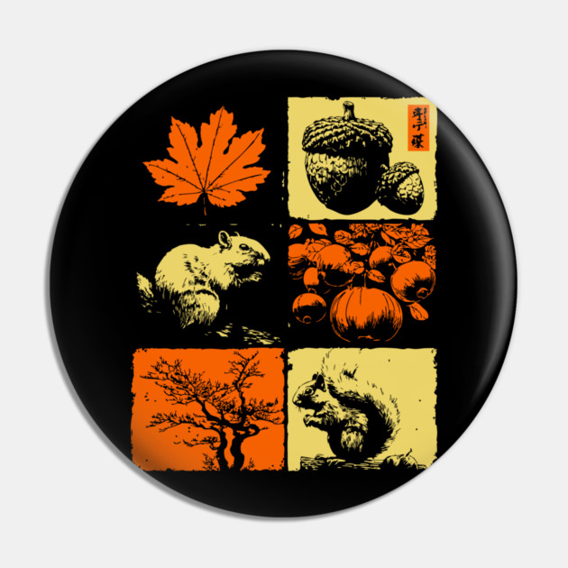 Autumn Squirrel - Retro Ukiyo-e Fall Aesthetic Pin by TuncGK
