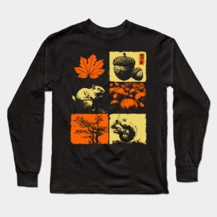 Autumn Squirrel - Retro Ukiyo-e Fall Aesthetic Long Sleeve T-Shirt