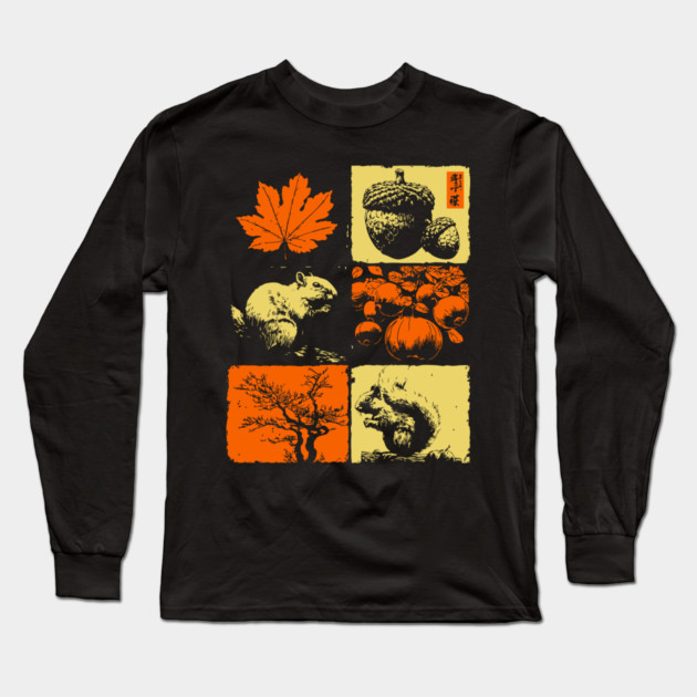 Autumn Squirrel - Retro Ukiyo-e Fall Aesthetic Long Sleeve T-Shirt by TuncGK