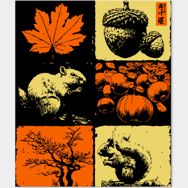 Autumn Squirrel - Retro Ukiyo-e Fall Aesthetic Wall Art by TuncGK