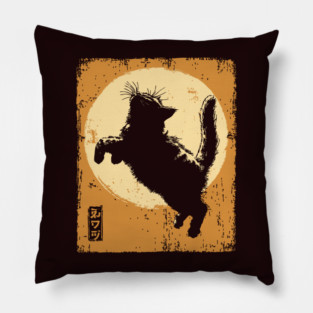 Ukiyo-e Pouncing Cat - Retro Japanese Black Cat Pillow