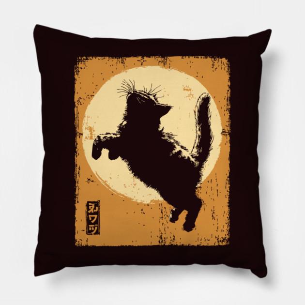 Ukiyo-e Pouncing Cat - Retro Japanese Black Cat Pillow by TuncGK