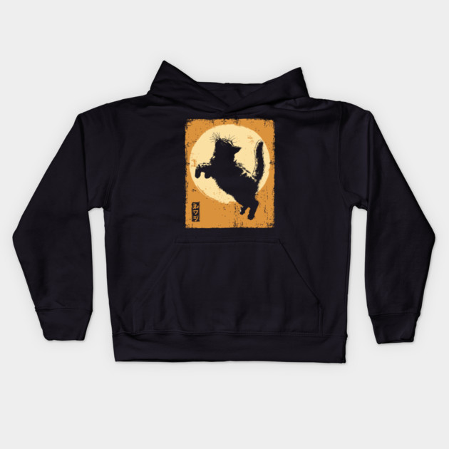 Ukiyo-e Pouncing Cat - Retro Japanese Black Cat Kids Hoodie by TuncGK